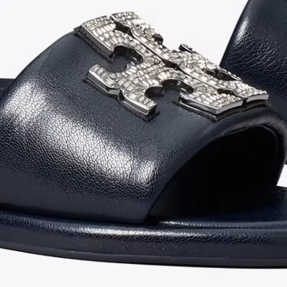 Tory Burch $258 DOUBLE T DECO SPORT SLIDE New Navy Rhinestones Embellished Flats
